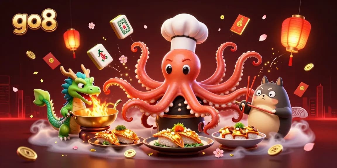 Engage in go8's vibrant gaming experience with animated characters and festive casino elements.