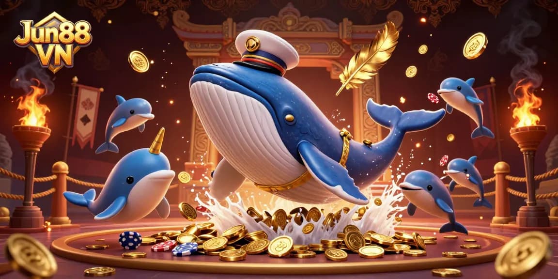 Experience excitement at Jun88 VN with a cartoon whale and dolphins in a vibrant casino scene.