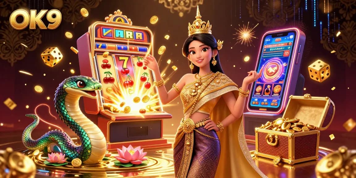 Spin to win at OK9 with a spectacular jackpot illustration of dazzling coins and thrilling casino elements.