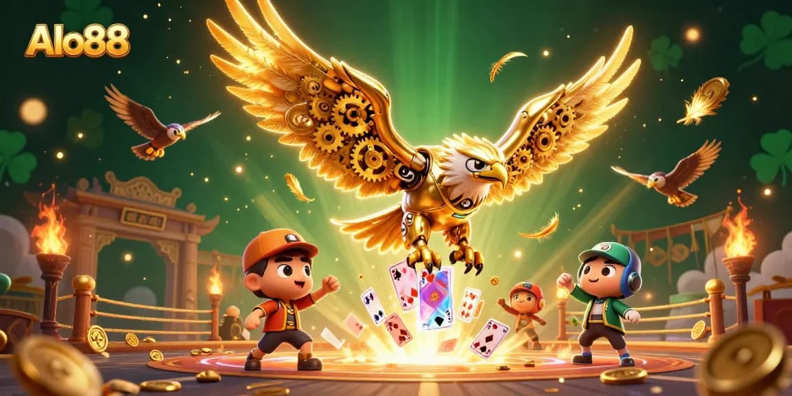 Alo88 features a captivating scene with a cybernetic eagle amidst flying cards, showcasing thrilling casino action.