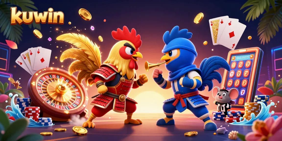 Engage with kuwin's thrilling online experience through stunning 3D casino artwork featuring epic rooster battles.