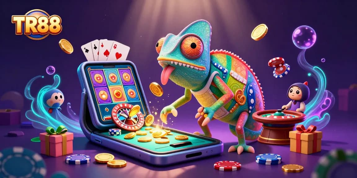 Experience TR88's vibrant casino atmosphere with a colorful chameleon and dynamic gaming action.