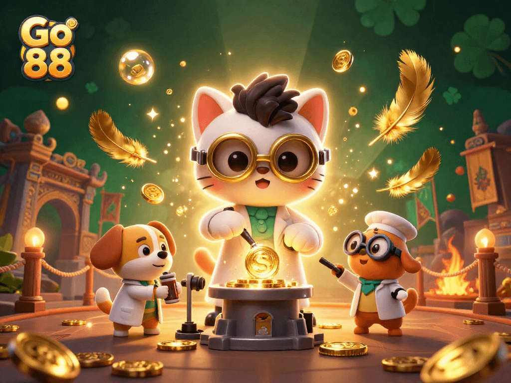 Join the fun at Go 88 as characters create winning strategies with gold coins in a lively casino.