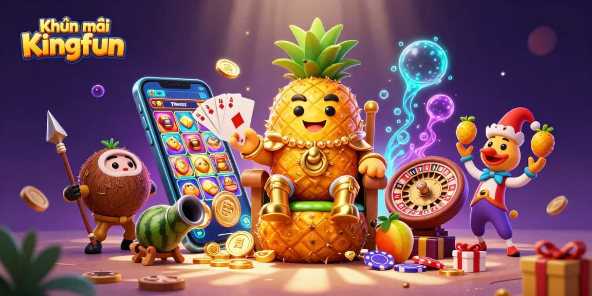 Experience the excitement of Khuyến mãi Kingfun as the golden pineapple king rules the beach casino in an engaging 3D illustration.