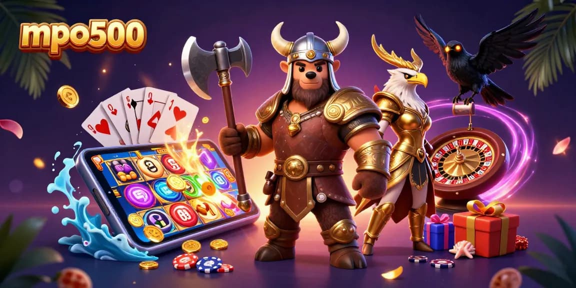 Spin the reels at mpo500 with Viking bear, Valkyrie eagle, and casino games in vibrant 3D art.