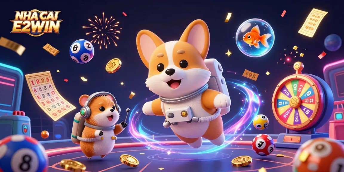 NHA CAI E2WIN showcases a vibrant casino scene featuring a cartoon astronaut corgi in space amidst exciting gambling elements.