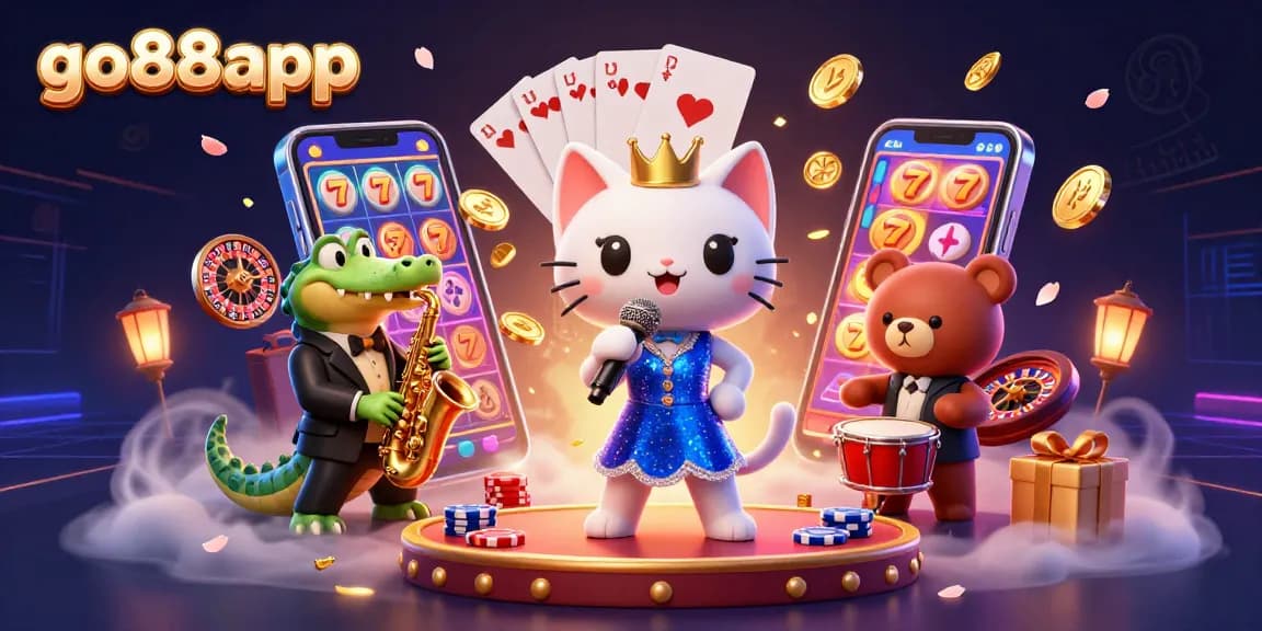 Experience excitement with go88app's vibrant casino characters and enticing game elements in a dynamic scene.
