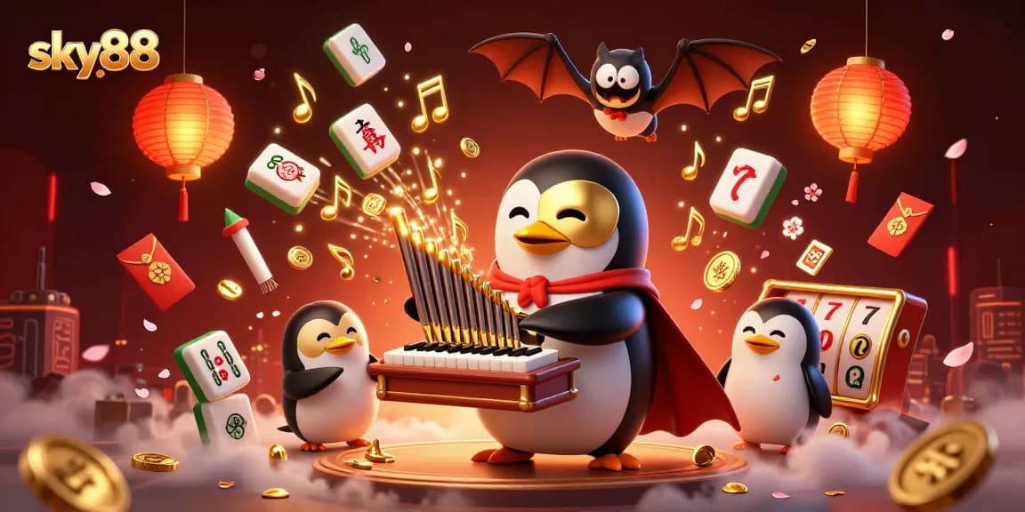 Experience the exciting gameplay at sky88 with a penguin organist and festive casino elements.