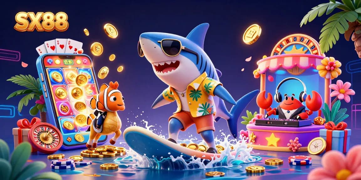 SX88 enhances gaming with vibrant 3D characters surfing on gold coins amidst casino excitement.