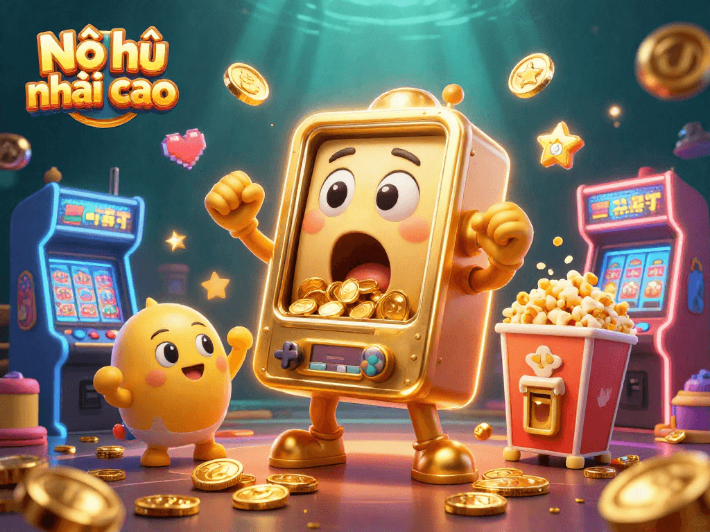Nổ hũ nhảy cao captures a golden slot machine celebrating a jackpot amidst vibrant casino elements, enhancing gaming excitement.