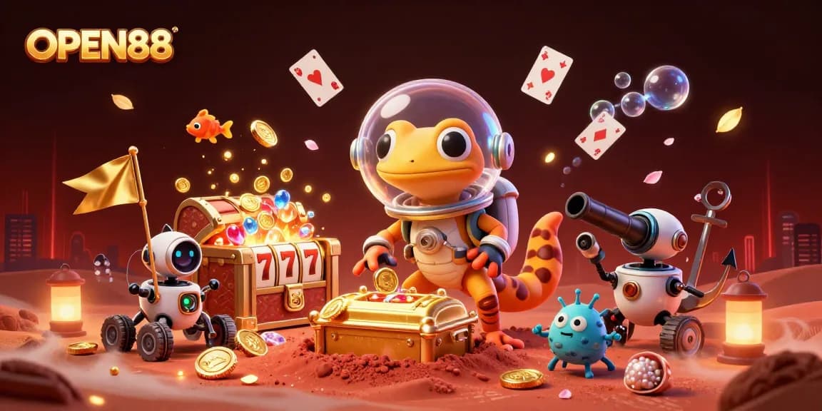 Exciting OPEN88 casino adventure captured in a 3D scene with a Martian gecko and golden treasures.
