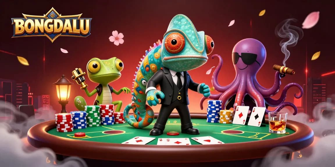 BONGDALU features a dynamic 3D casino scene with colorful poker elements and lively characters.