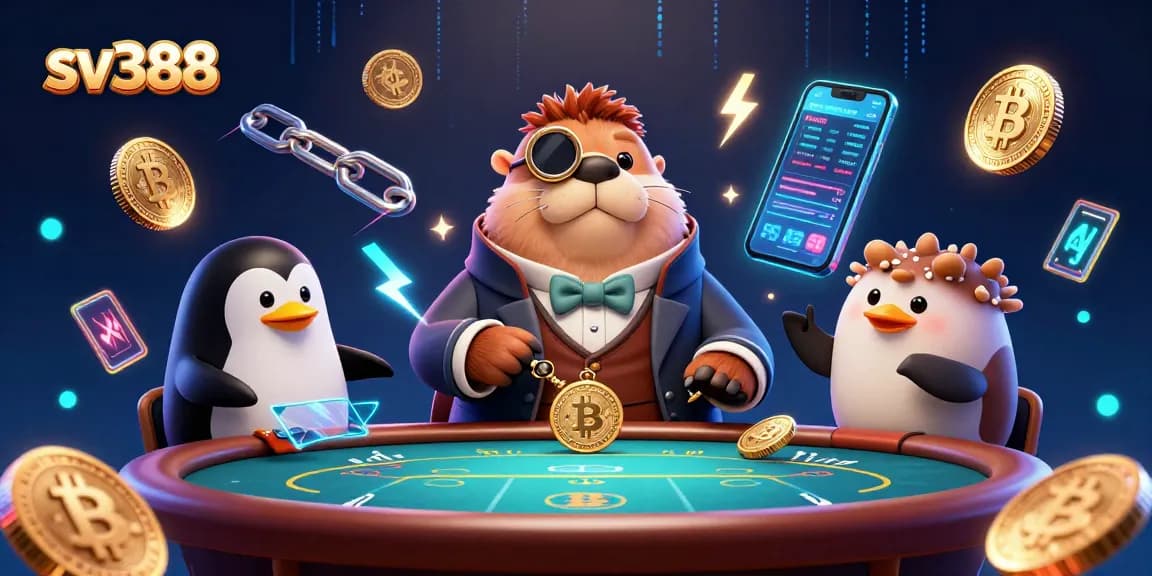 Engage with sv388 as a joyful walrus plays poker in a vibrant underwater casino setting.