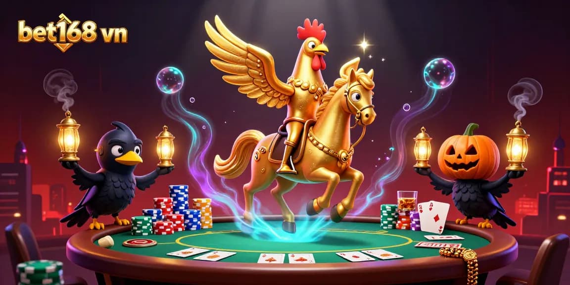 Experience the thrill at bet168 vn with a vibrant casino scene featuring golden rooster and crow companions.