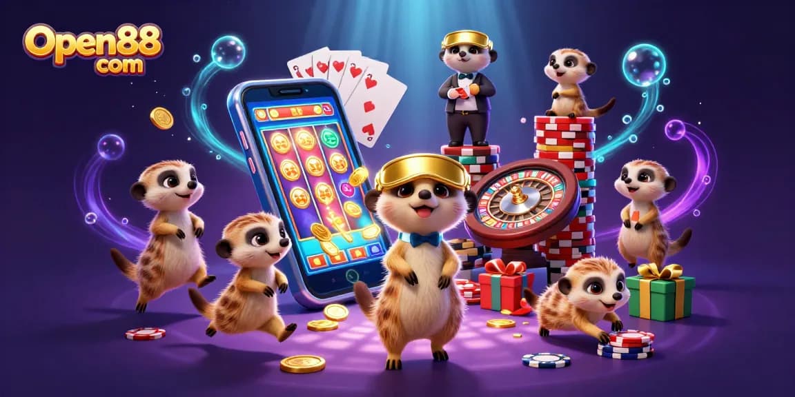 Experience thrilling gameplay at Open88 com with animated meerkats managing a bustling casino.