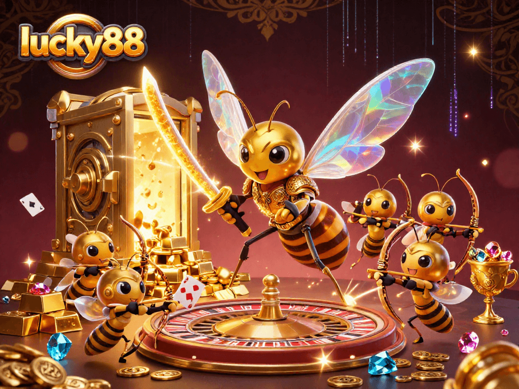 Engage in gaming excitement at lucky88 with vibrant characters and a treasure-filled casino scene!