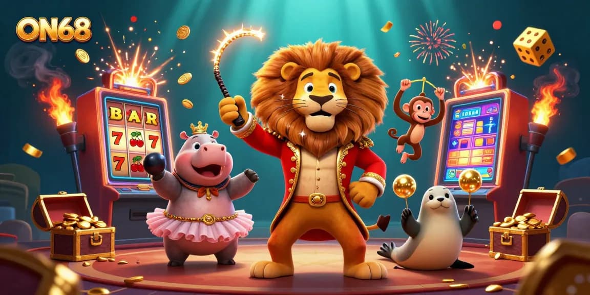 Engage with ON68's vibrant casino scene featuring a cartoon lion, hippo, monkey, and seal.