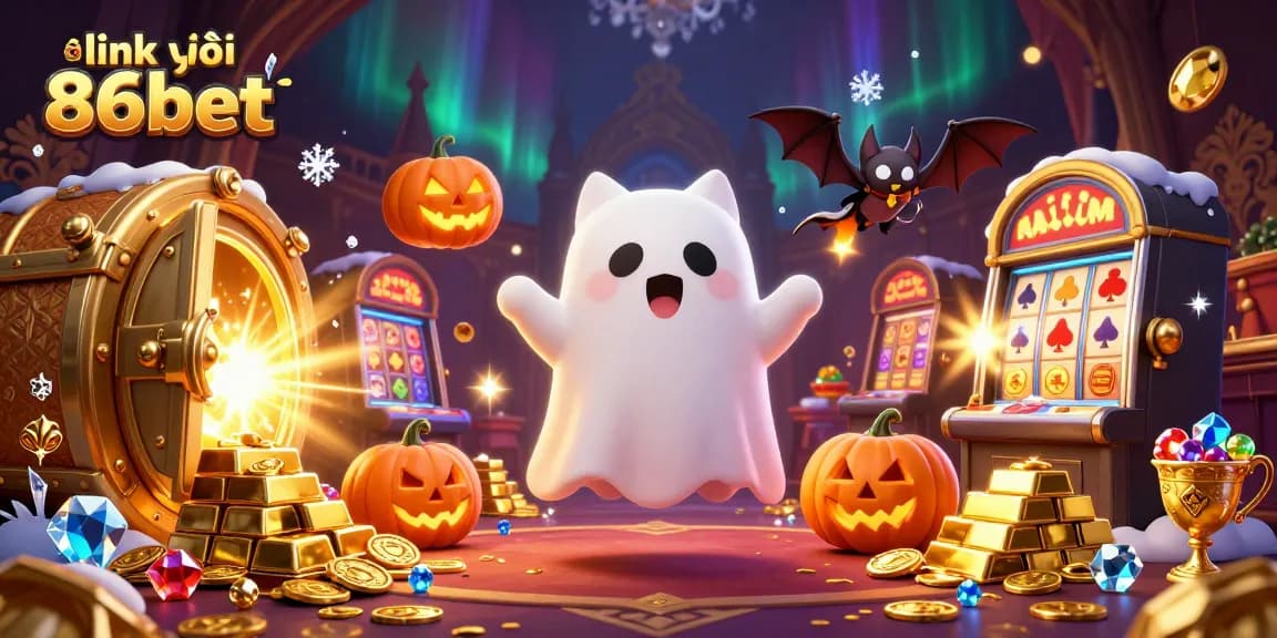 Experience the excitement of gaming with link vào 86bet, featuring a friendly ghost cat and vibrant casino elements.