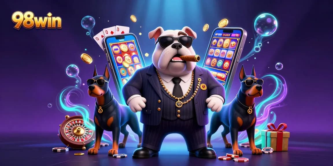 Experience winning moments with 98win in a vibrant casino scene featuring a bulldog boss and thrilling games.