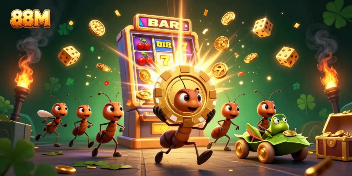 88M encourages excitement with ants heisting a giant poker chip amidst vibrant casino elements.