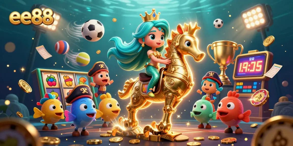 Bet big with ee88 in this vibrant underwater casino scene featuring mermaids and dynamic game elements.