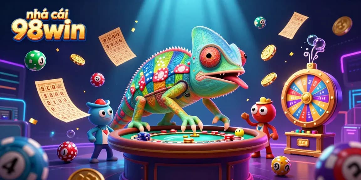 Engage with nhà cái 98win through a vibrant 3D casino illustration featuring exciting game elements.