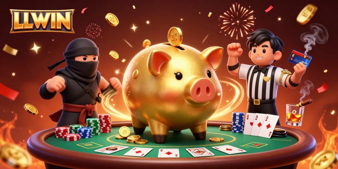 LLWIN players strategizing with a piggy bank sumo wrestler in a vibrant casino scene.