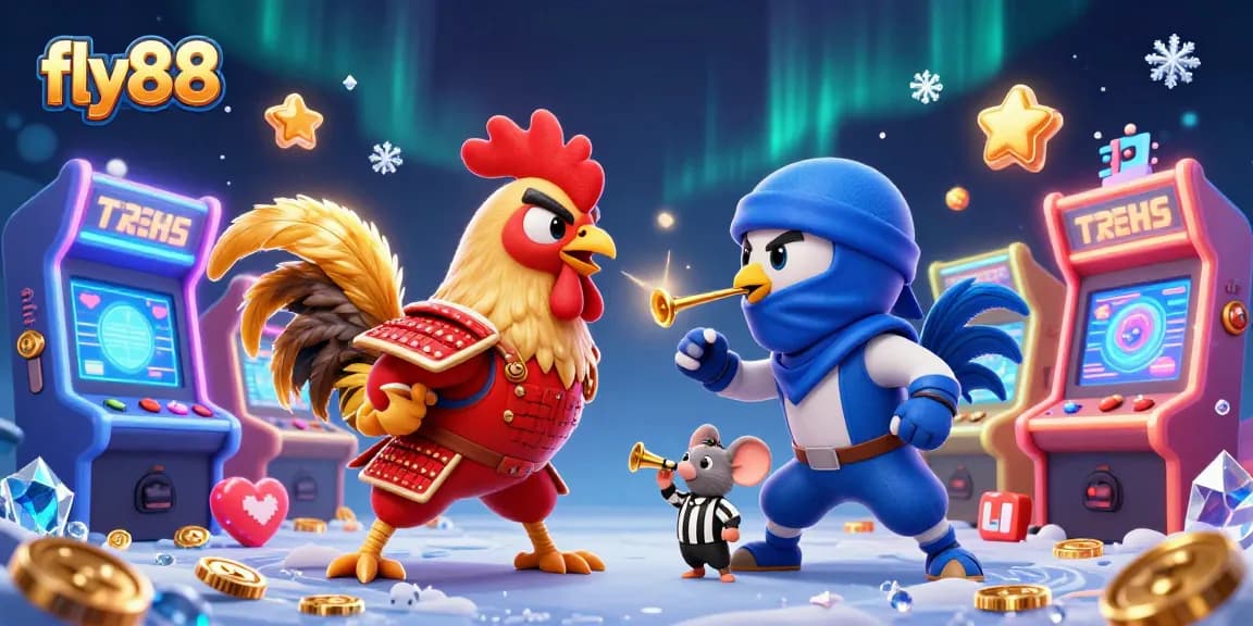 Bet on fly88's thrilling rooster fight, with colorful arcade elements enhancing the action.