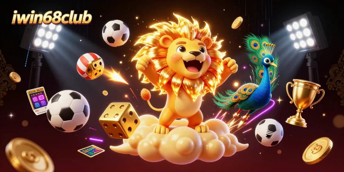 Iwin68club offers an energetic gambling experience with vibrant 3D casino elements including dice and sports balls.