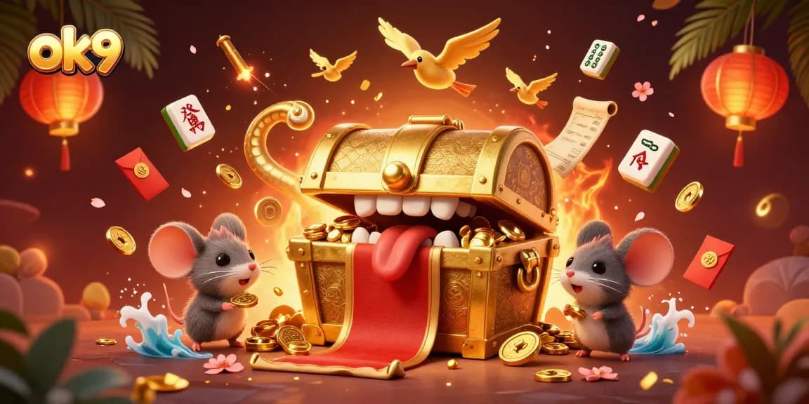Spin and win with ok9 at this vibrant 3D illustration showcasing an adventure filled with golden treasures and great riches.