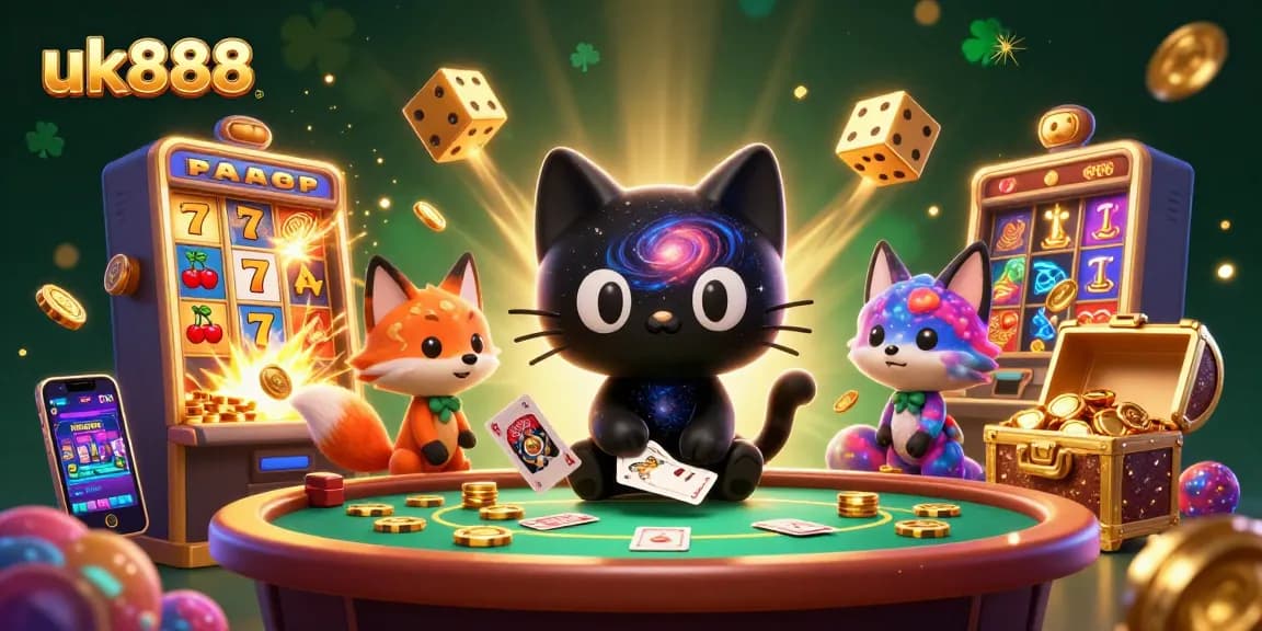 Engage with uk888's vibrant casino scene featuring a cosmic black hole cat and colorful nebula fox.