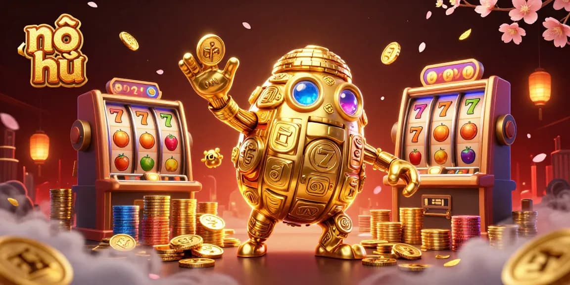Nổ hũ slot game illustration featuring a golden golem amidst vibrant slot reels and sparkling jackpots
