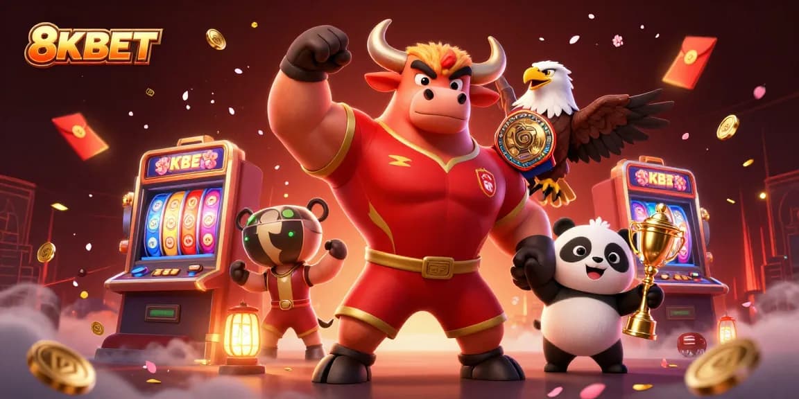 Experience the excitement at 8KBET with vibrant characters celebrating slot wins surrounded by rich gaming elements.