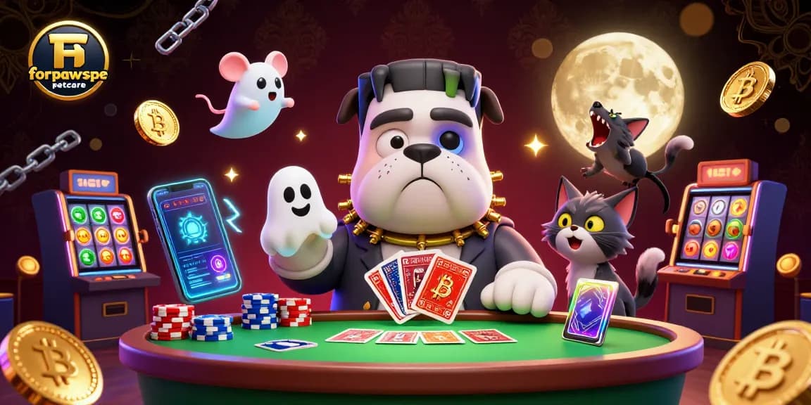 forpawspetcare showcases a casino scene with Frankenstein bulldog and werewolf kitten amid vibrant gambling elements.