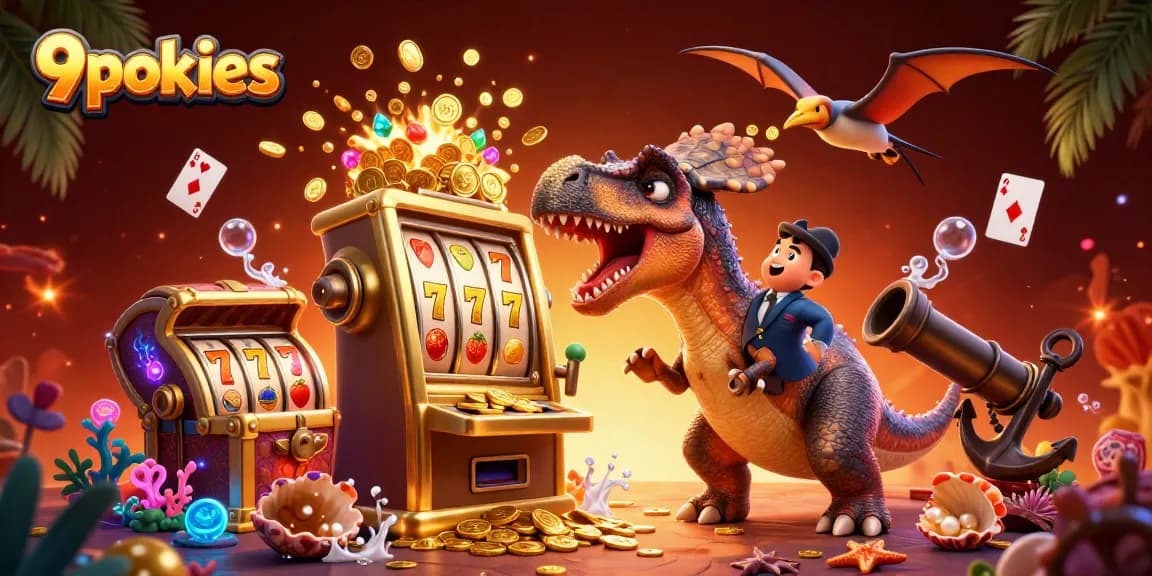 Witness the 9pokies pachycephalosaurus activating a golden slot machine for a jackpot!