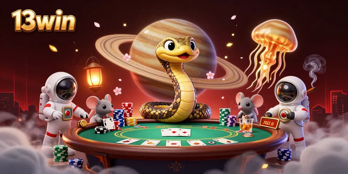 Immerse in 13win's cosmic gambling adventure with cartoon Saturn and playful astronaut mice.