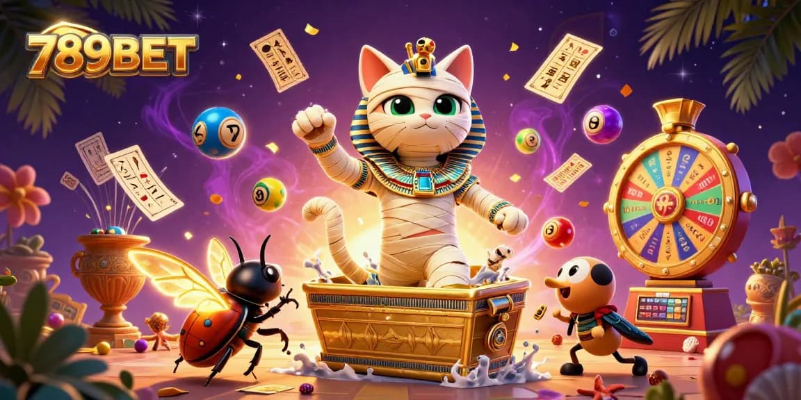 Experience the thrill of 789BET with a dynamic 3D casino scene featuring a mummy cat and glowing scarab.
