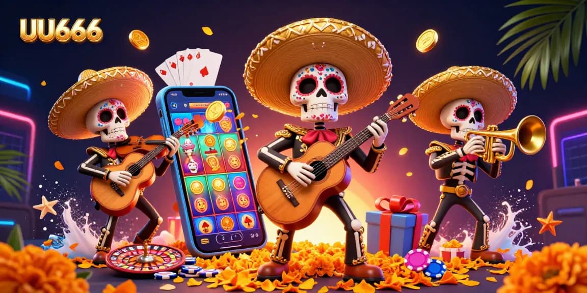 Experience the vibrant UU666 casino scene featuring Day of the Dead musicians with colorful slot games and festive elements.