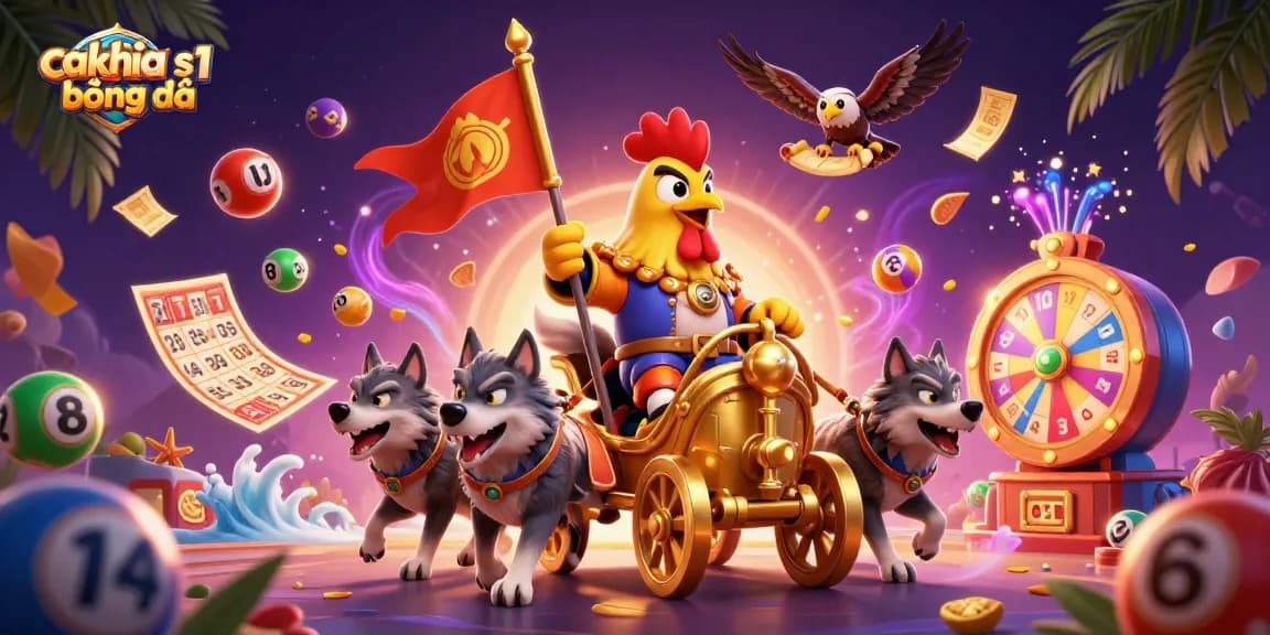Cakhia s1 bóng đá presents a vibrant illustration of a rooster warlord leading a dynamic battle with gaming elements.
