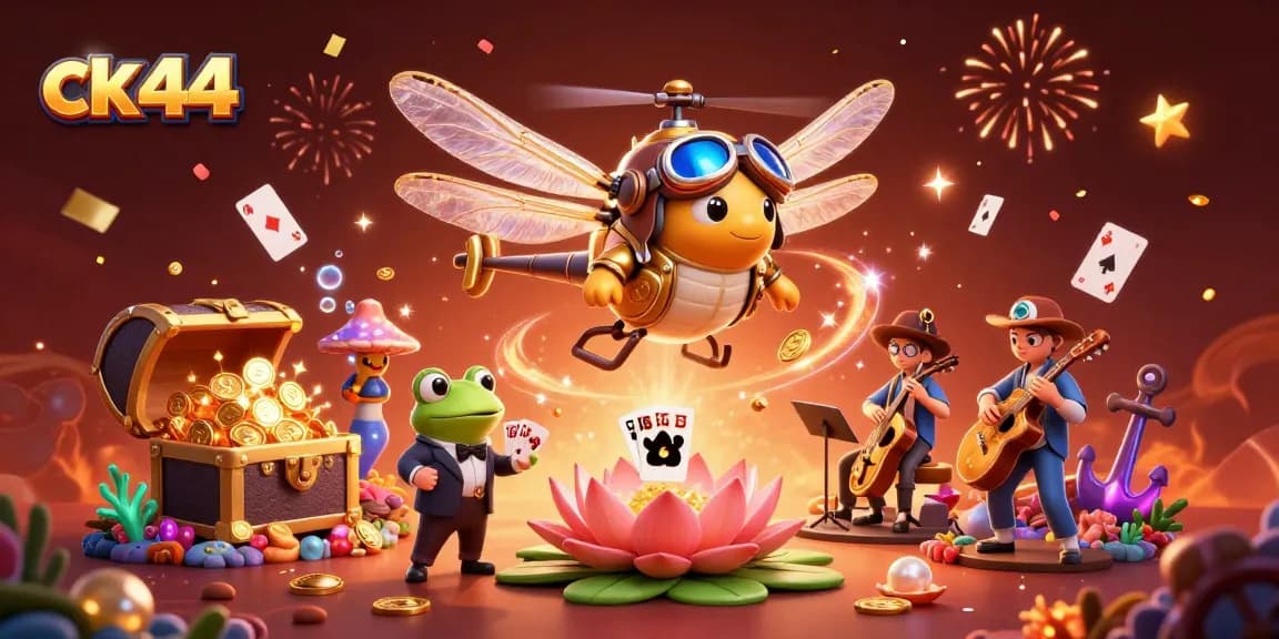 Engage with exhilarating gaming at ck 44 with vibrant 3D casino illustration featuring a dynamic dragonfly pilot and frog croupier.