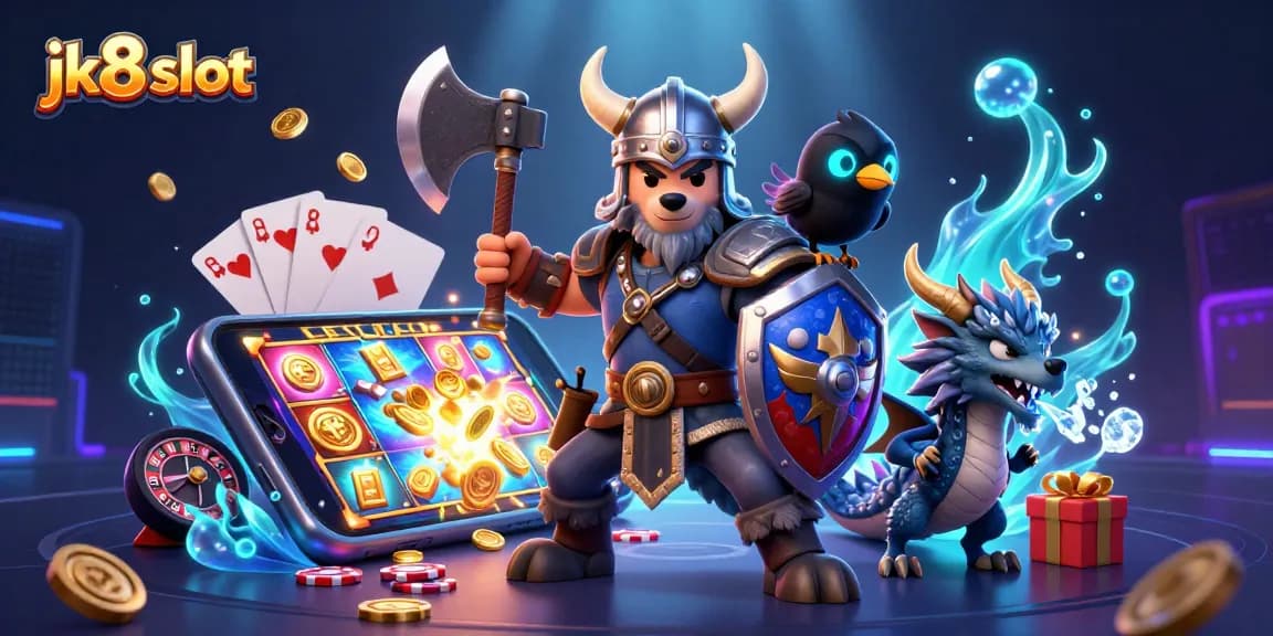 Engage with the thrilling jk8 slot experience, featuring Viking warrior and dragon amidst casino elements.