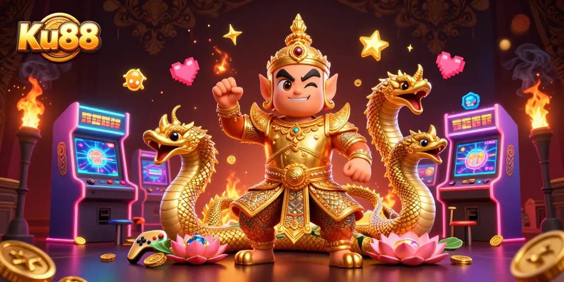 Play slots and enjoy thrilling games at Ku88, featuring a vibrant 3D illustration.
