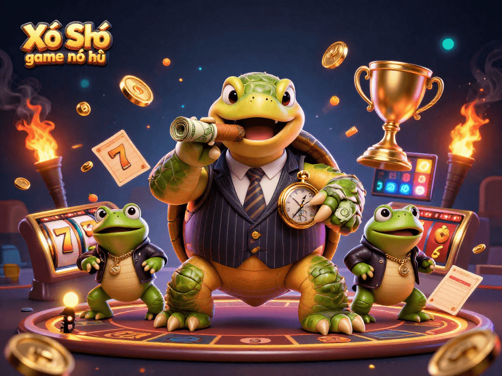 Xổ Số game nổ hũ showcases animated turtle in mobster attire with fruits and jackpot elements creating an engaging gaming experience.