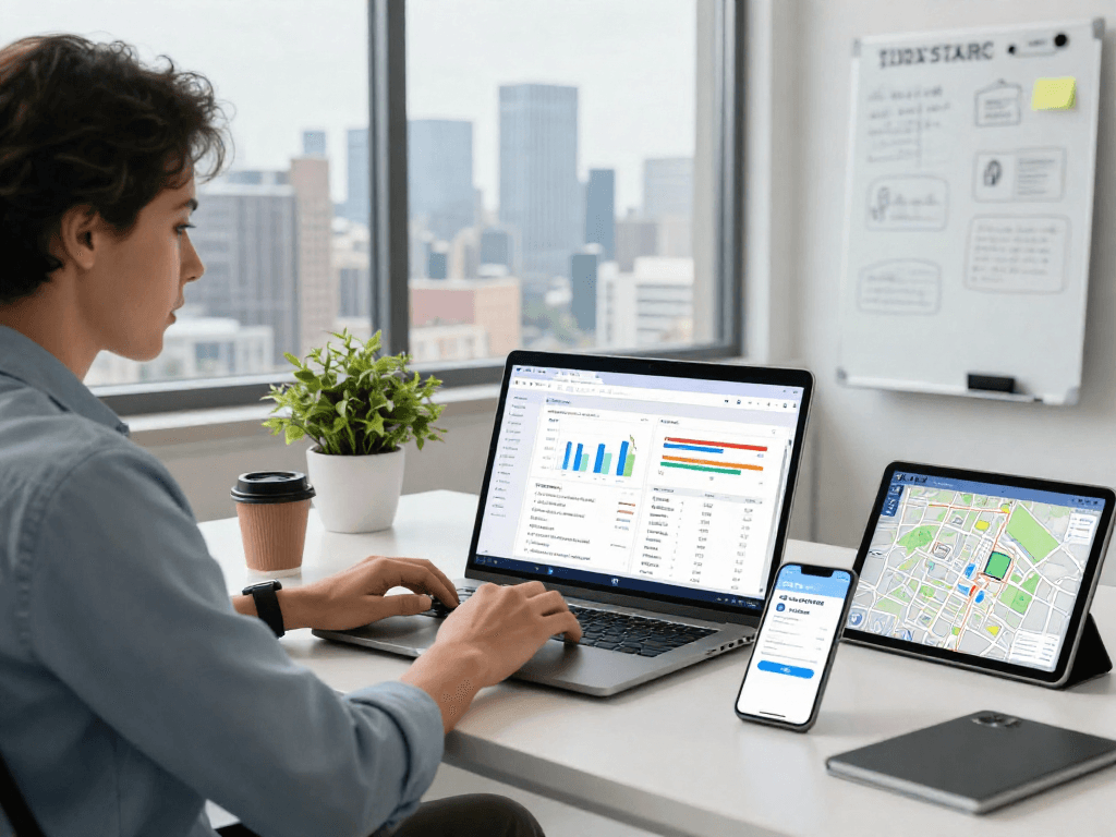 Real estate professional using IDXSTAR technology at a modern office with analytics displayed on laptop.