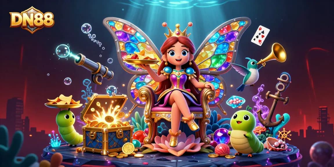 Experience thrilling casino action with DN88 as the butterfly queen reigns over a colorful treasure-filled scene.