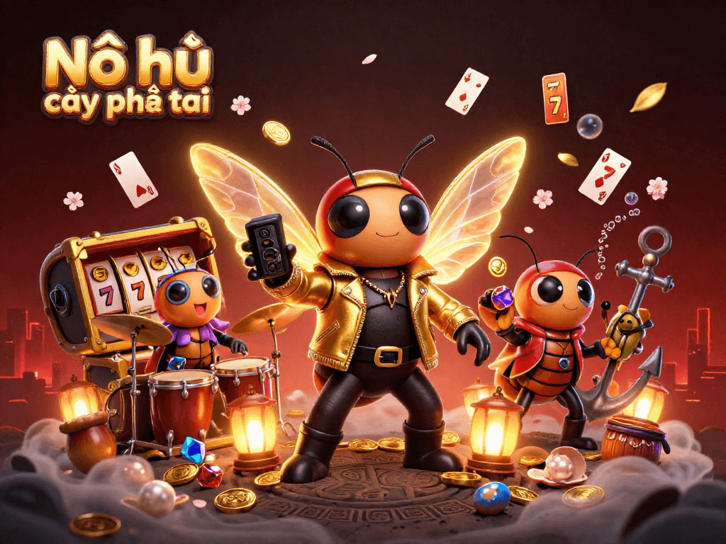 Nổ hũ cây phát tài slot scene with a cartoon cicada rock star and dynamic game elements