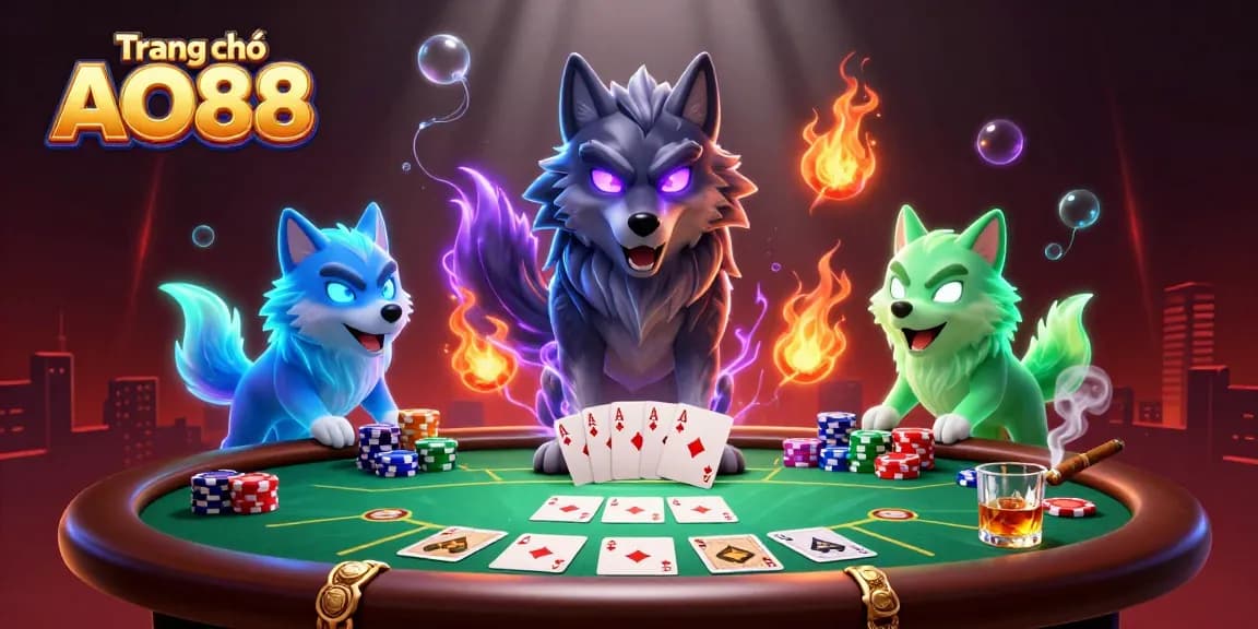 Engage with Trang chủ AO88 in an energetic casino scene featuring wolves and poker elements.