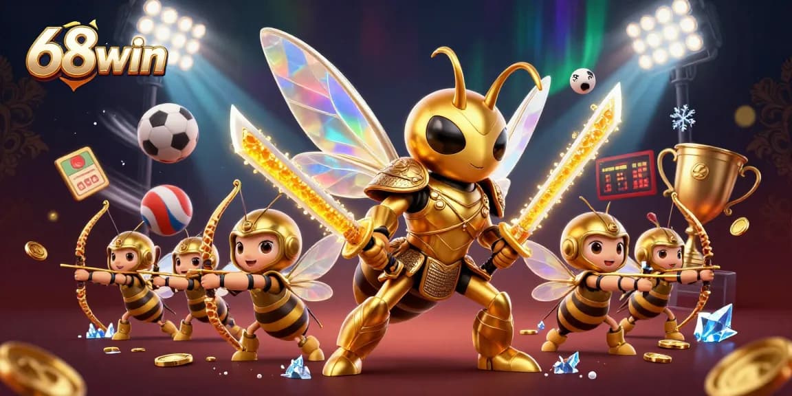 Bet big with 68win's vibrant casino scene featuring gold coins, sports balls, and dynamic game elements.