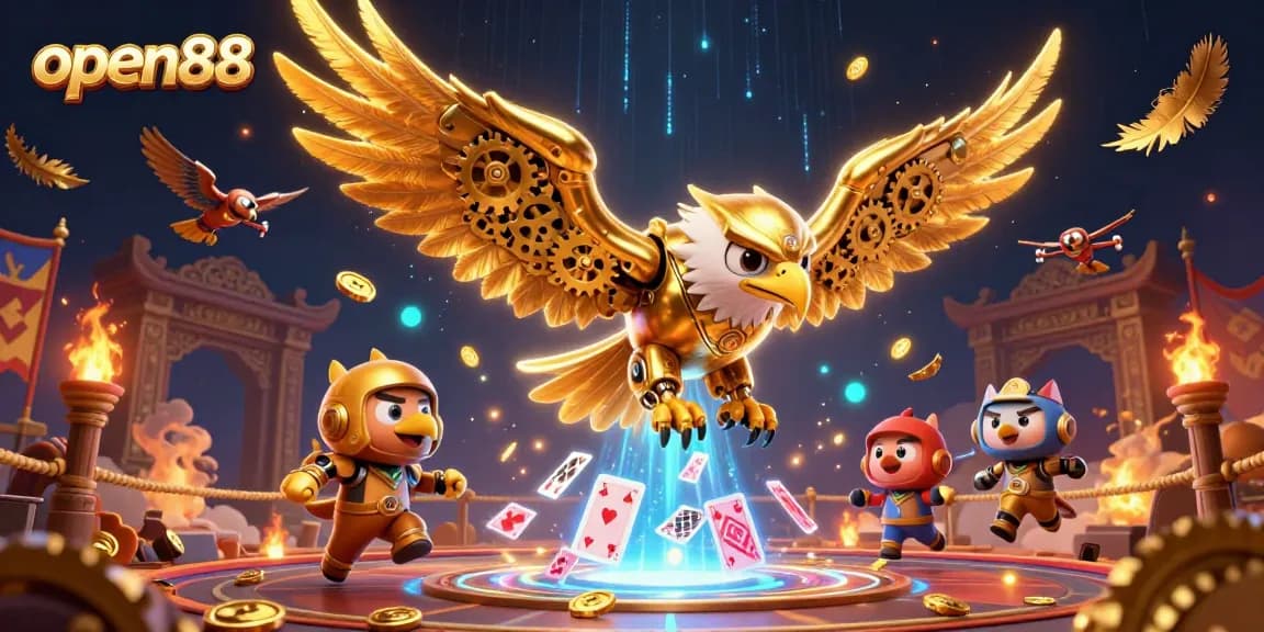 Explore thrilling gameplay at open88 with dynamic holographic cards surrounding a cybernetic eagle.