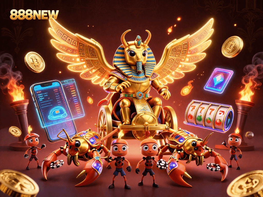 Spin the reels with 888NEW, featuring a golden scarab beetle and crypto elements in a lively casino scene.